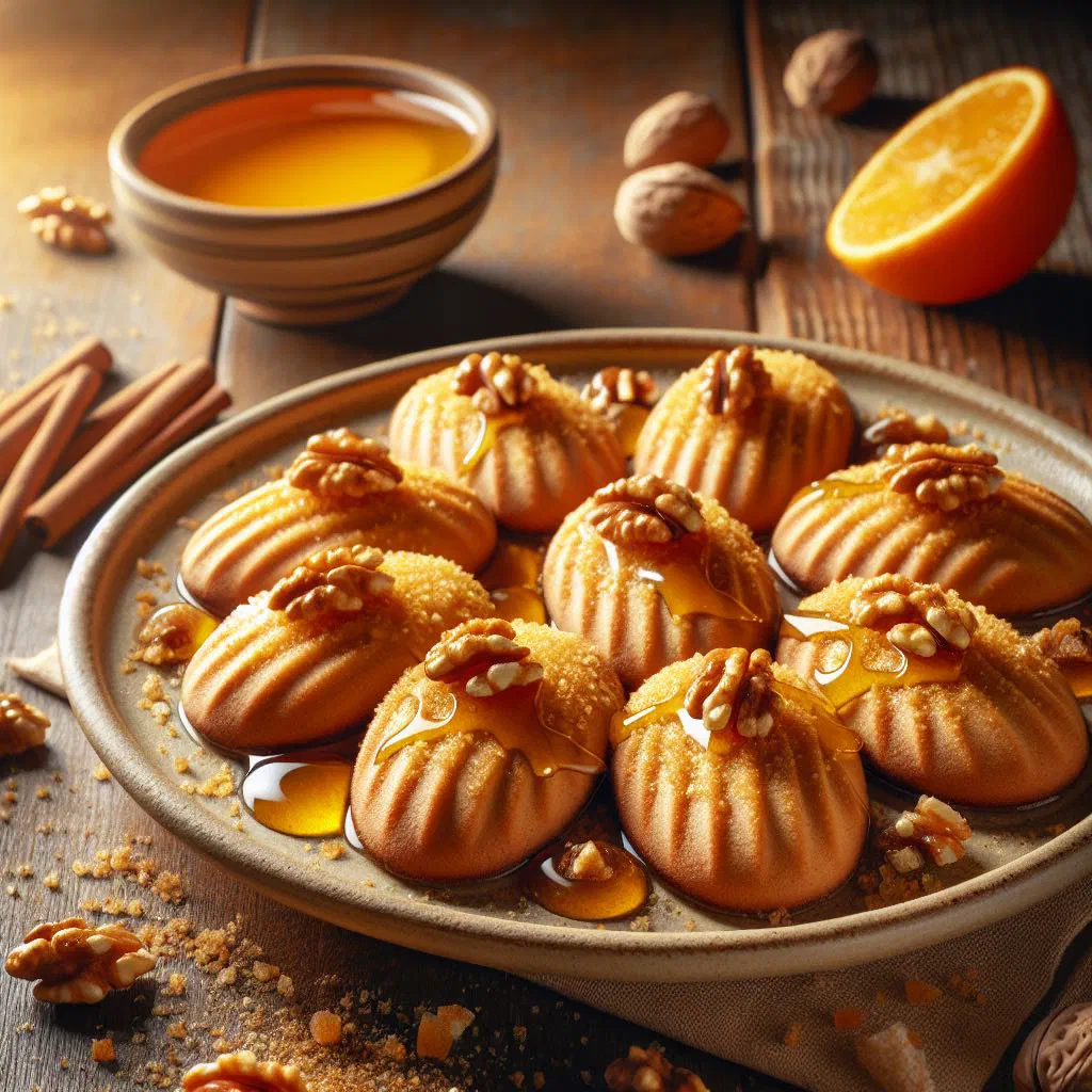 Greek melomakarona honey cookies topped with chopped walnuts