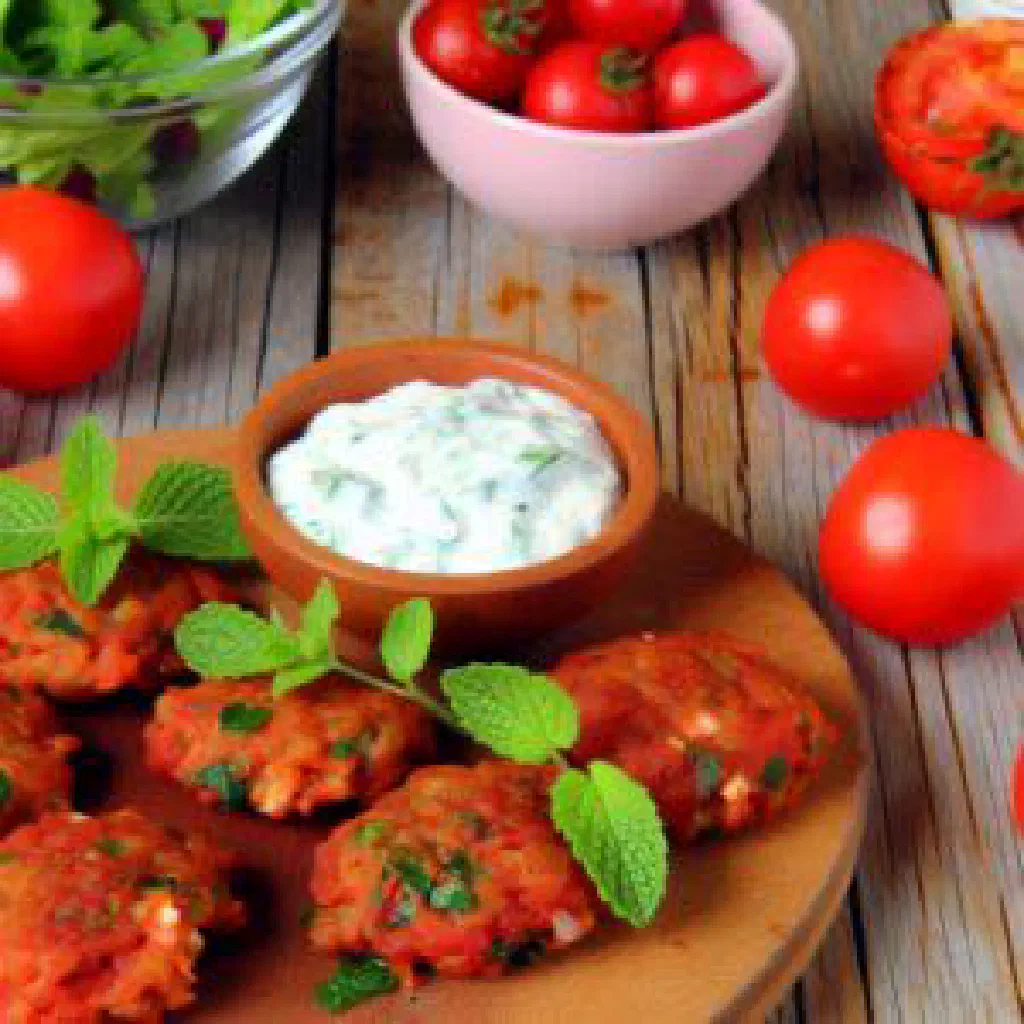 Golden Greek tomato fritters garnished with fresh herbs and lemon