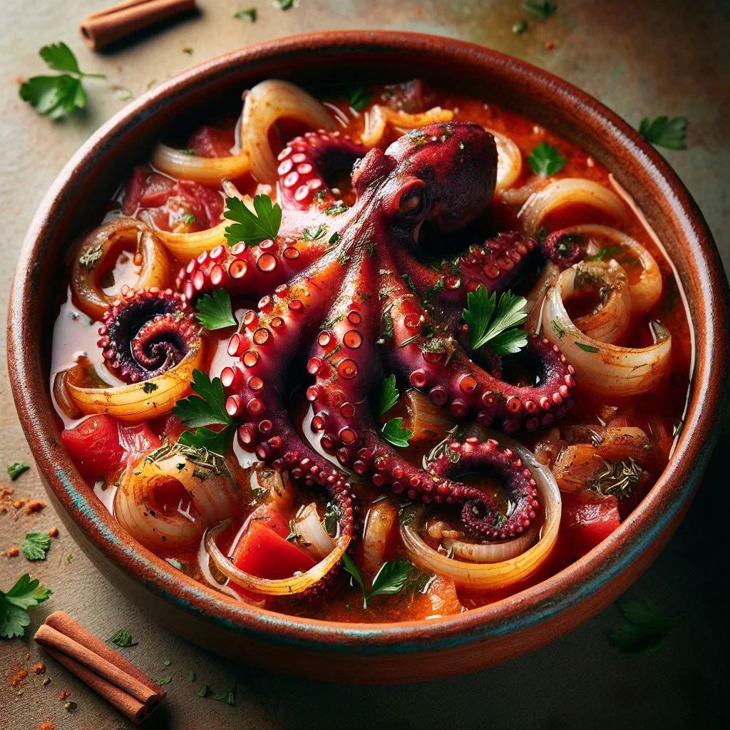 Octopus stifado simmered in a rich tomato sauce with onions and parsley