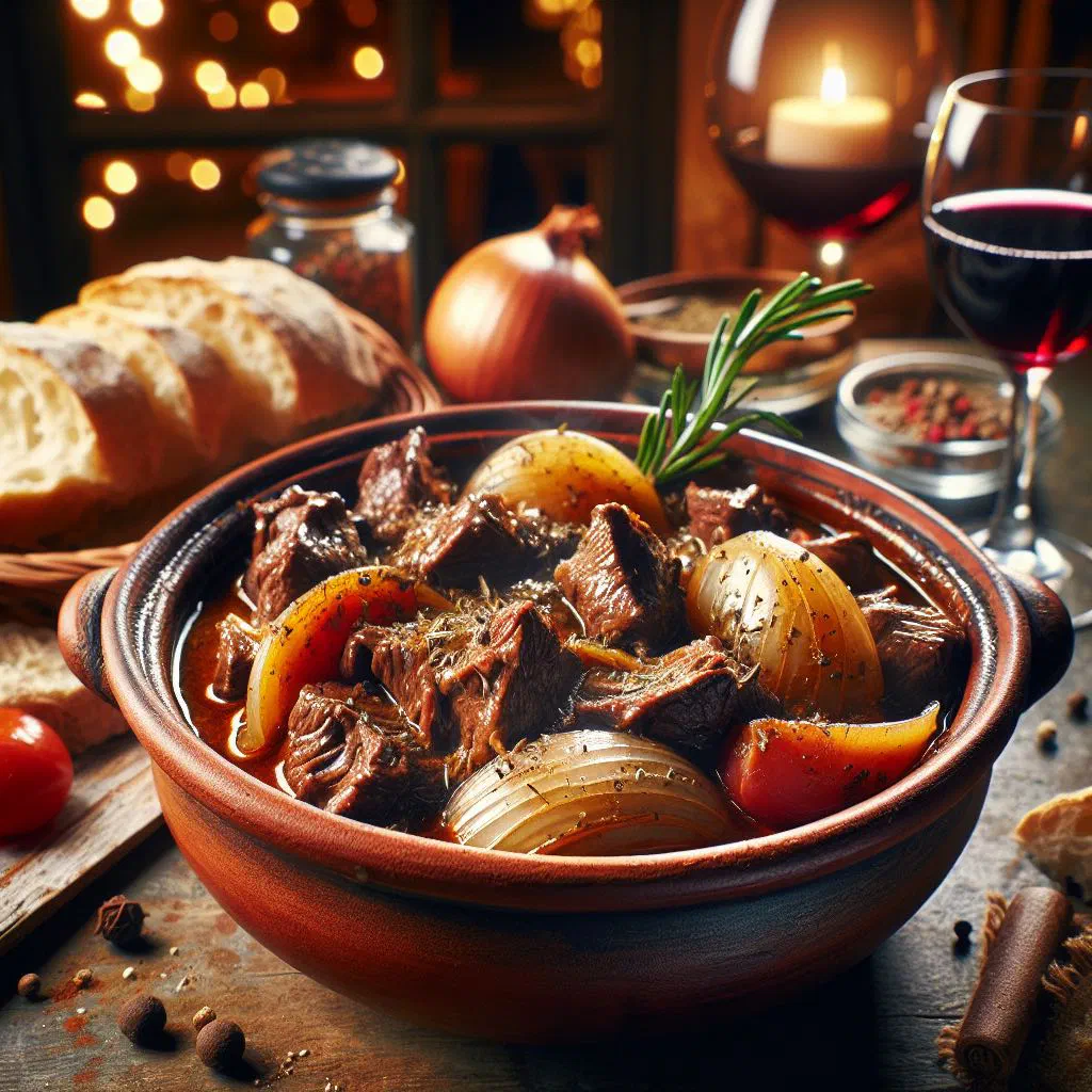 Greek stifado lamb and onion stew in a rustic bowl