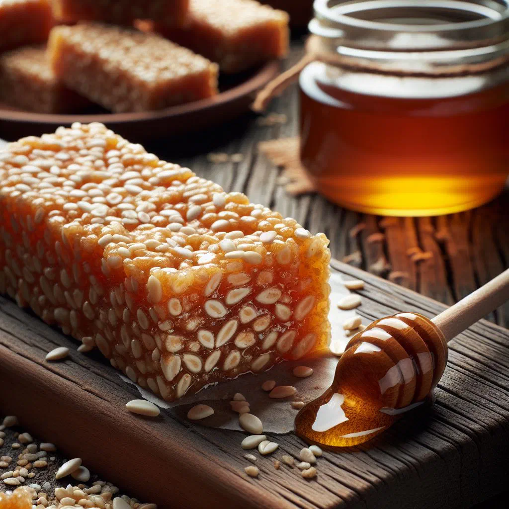 Cut bars of pasteli sesame and honey brittle on a wooden board