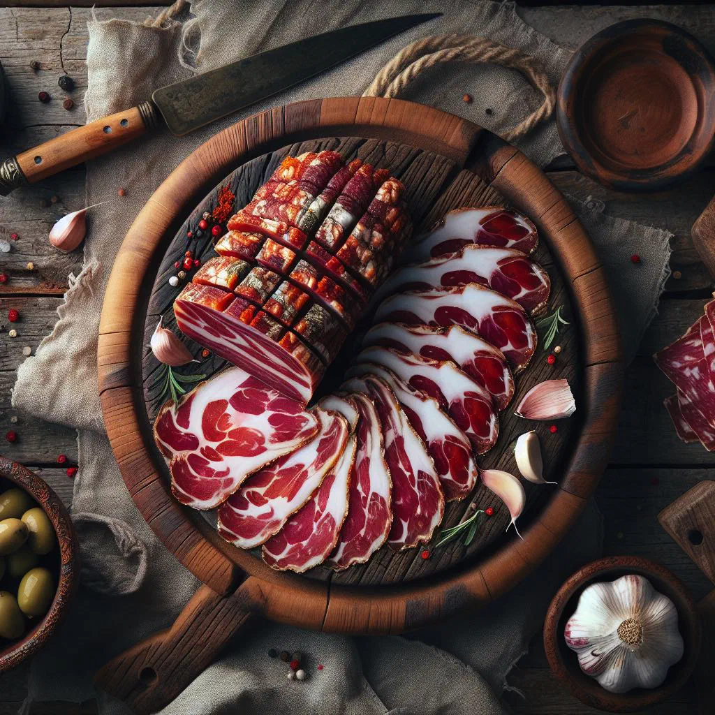 Thinly sliced Greek pastourmas cured beef served with peppers