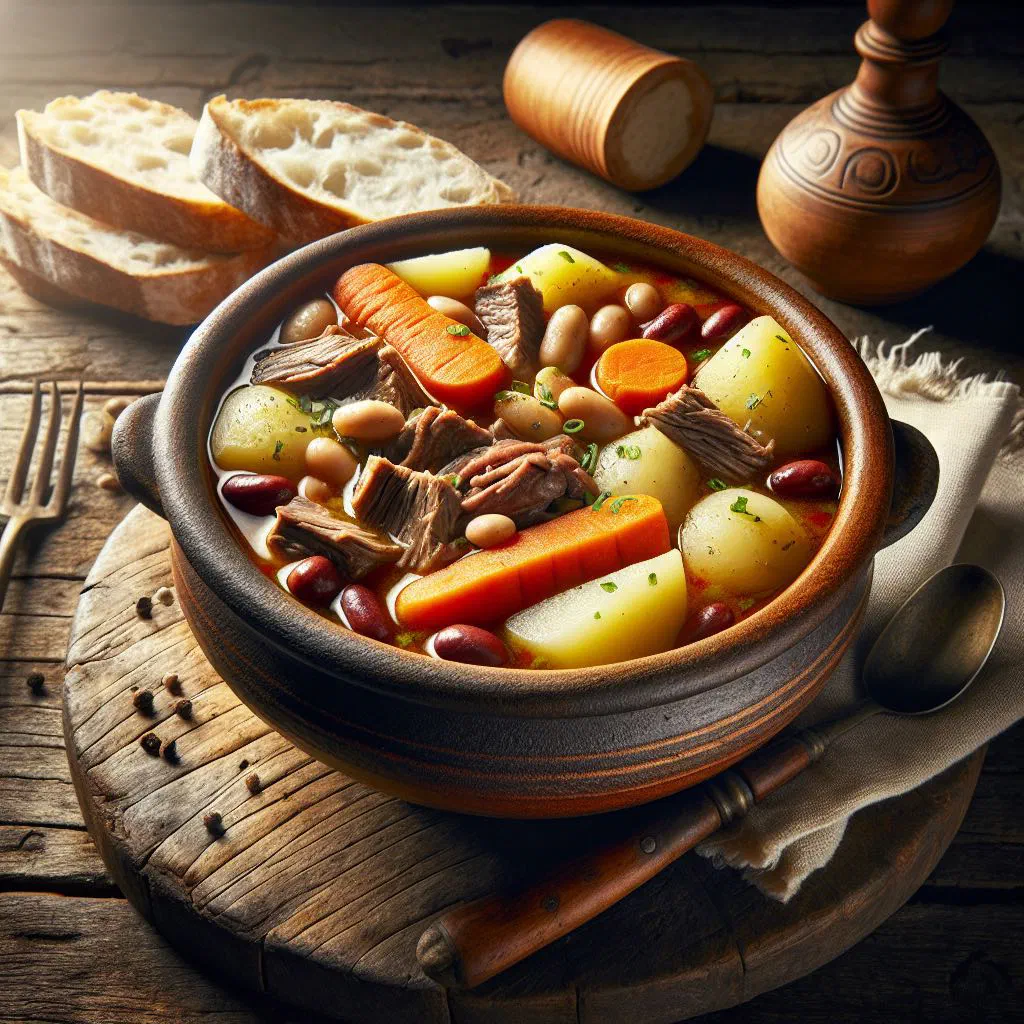 Greek braised potatoes patates plaki with tomatoes and herbs in a dish