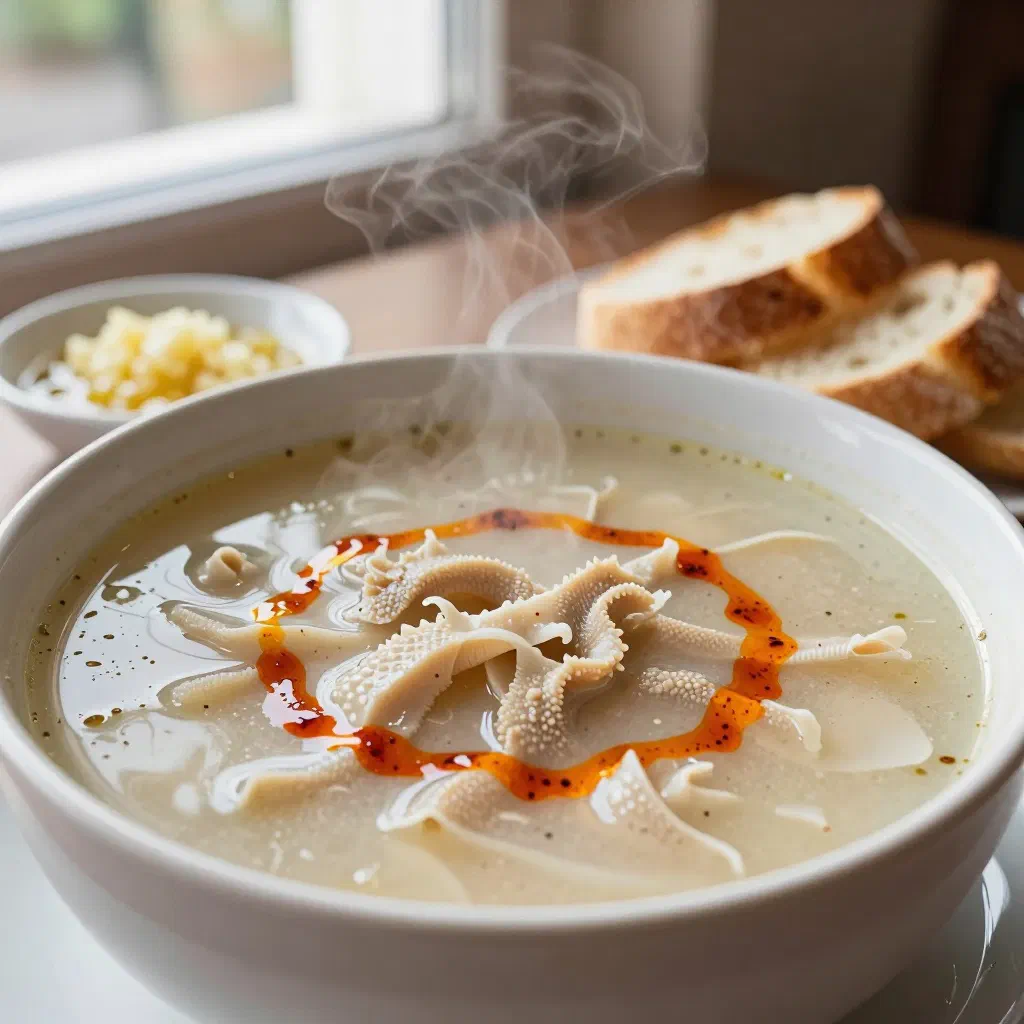 A steaming bowl of Greek patsas tripe soup garnished with fresh parsley