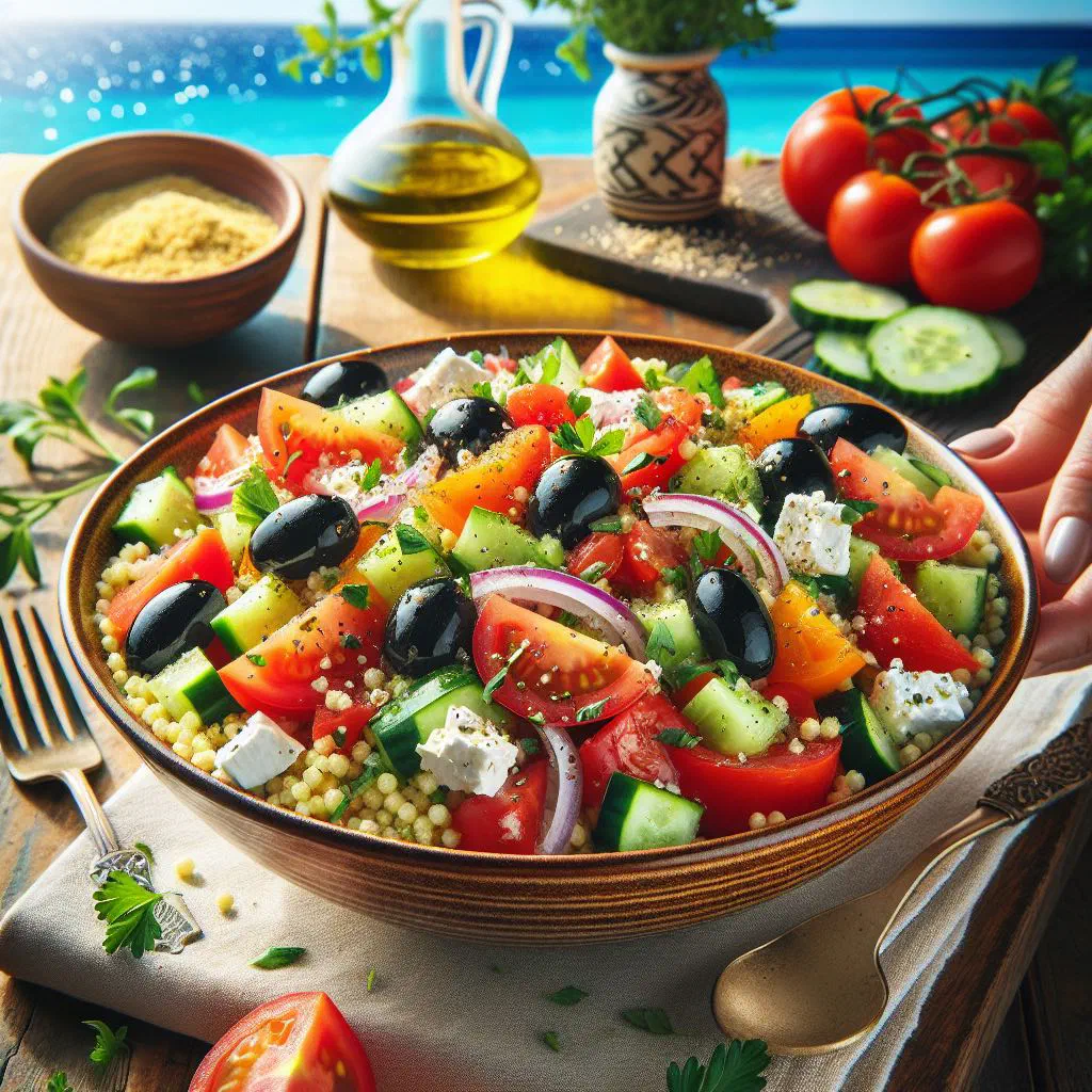 Greek pligouri salad with bulgur, diced cucumber, tomato and fresh parsley in a bowl