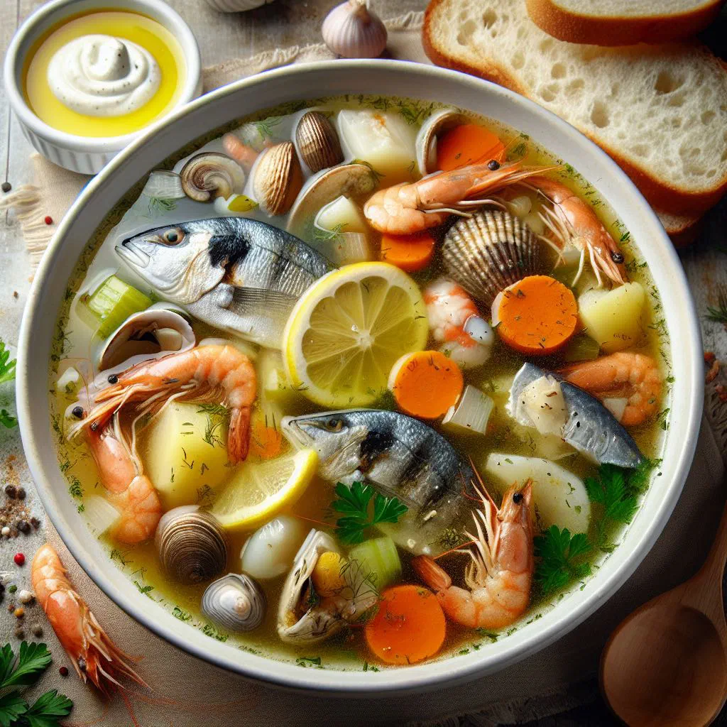 Bowl of Greek psarosoupa fish soup with vegetables and lemon