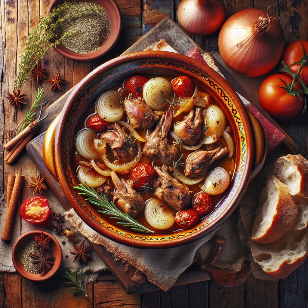 Rabbit stifado simmered with pearl onions in a rich red wine sauce