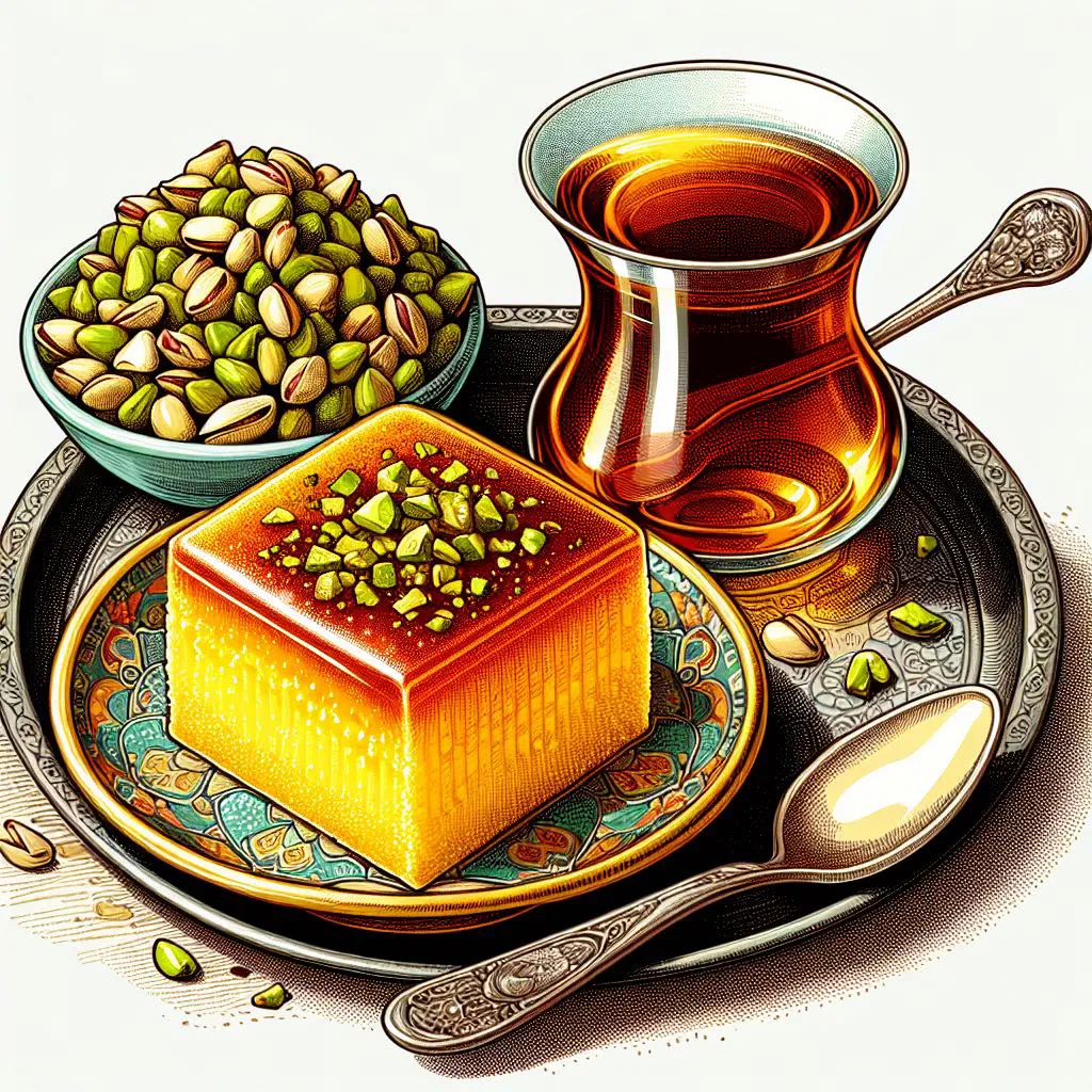 Slices of golden Greek revani semolina cake soaked in syrup