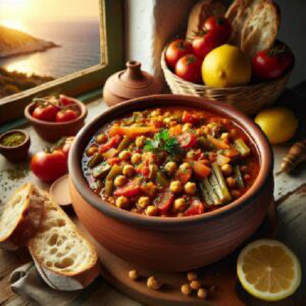 Slow-baked Greek chickpea stew with oregano in a ceramic bowl