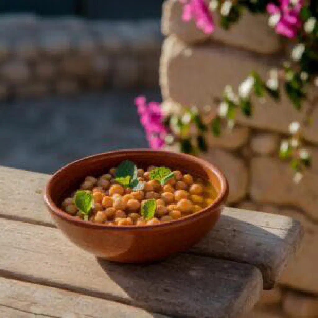 Oven-baked Greek chickpeas with onion, carrot and a squeeze of lemon
