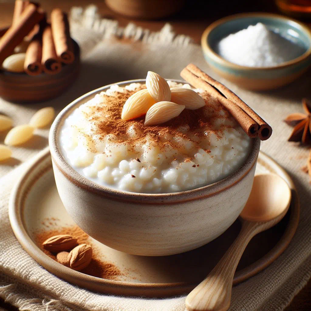 Creamy Greek rice pudding dusted with cinnamon in a small bowl