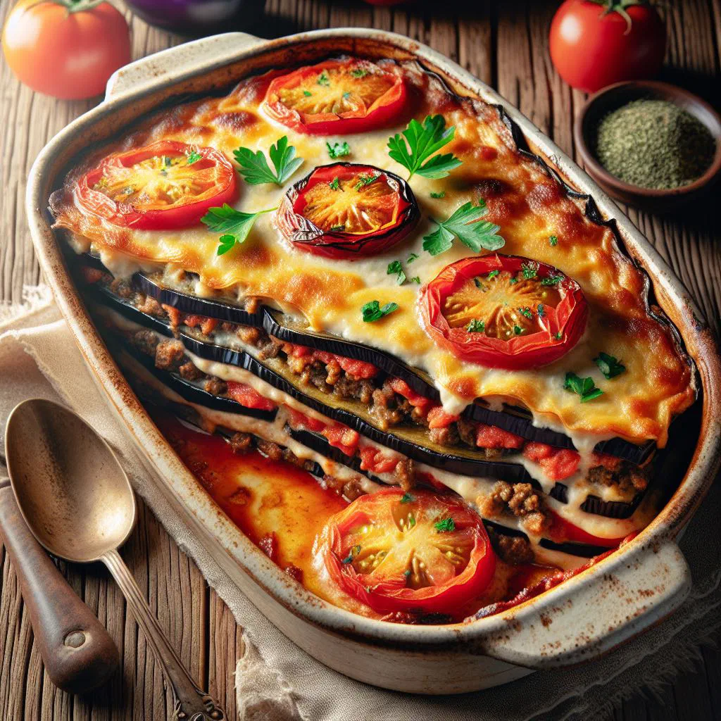 Baked Greek Rotschka with layered aubergine, minced meat and golden béchamel topping