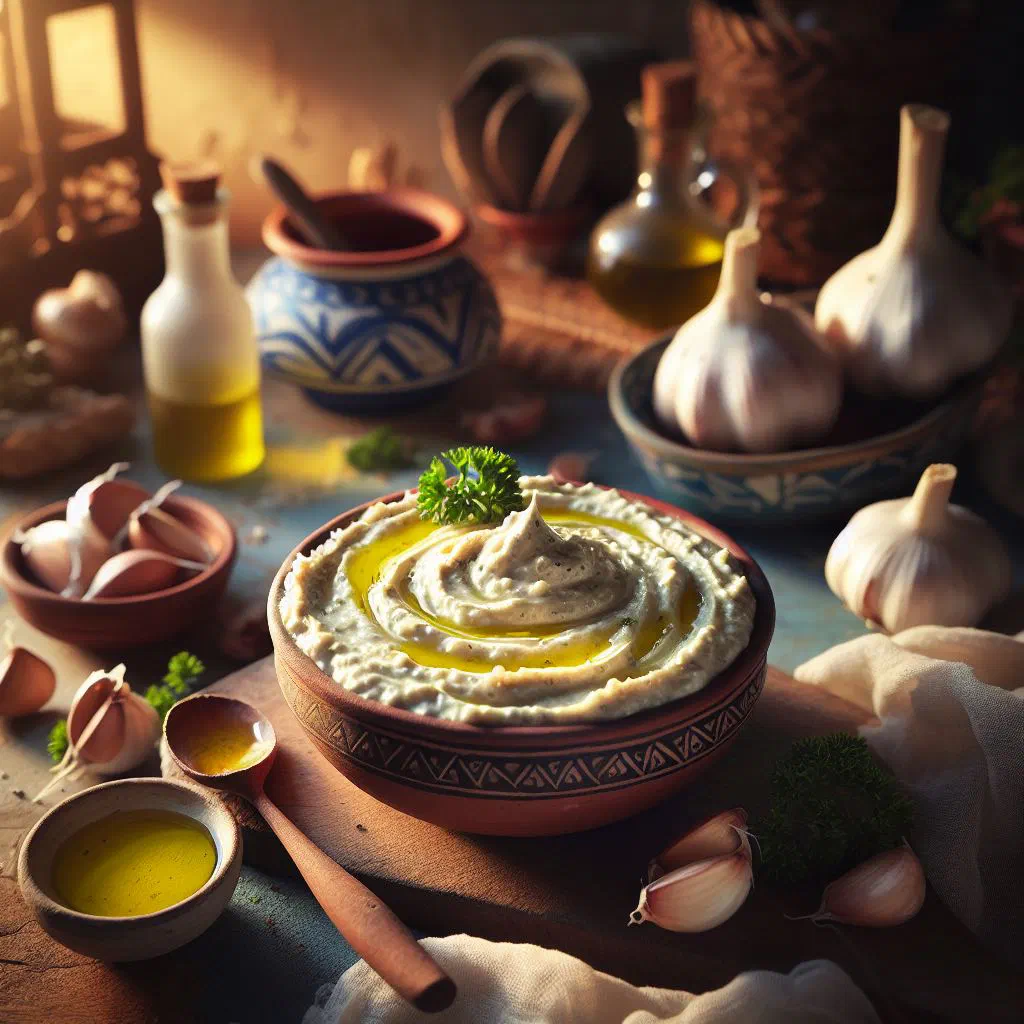 Creamy skordalia garlic dip drizzled with olive oil in a shallow bowl