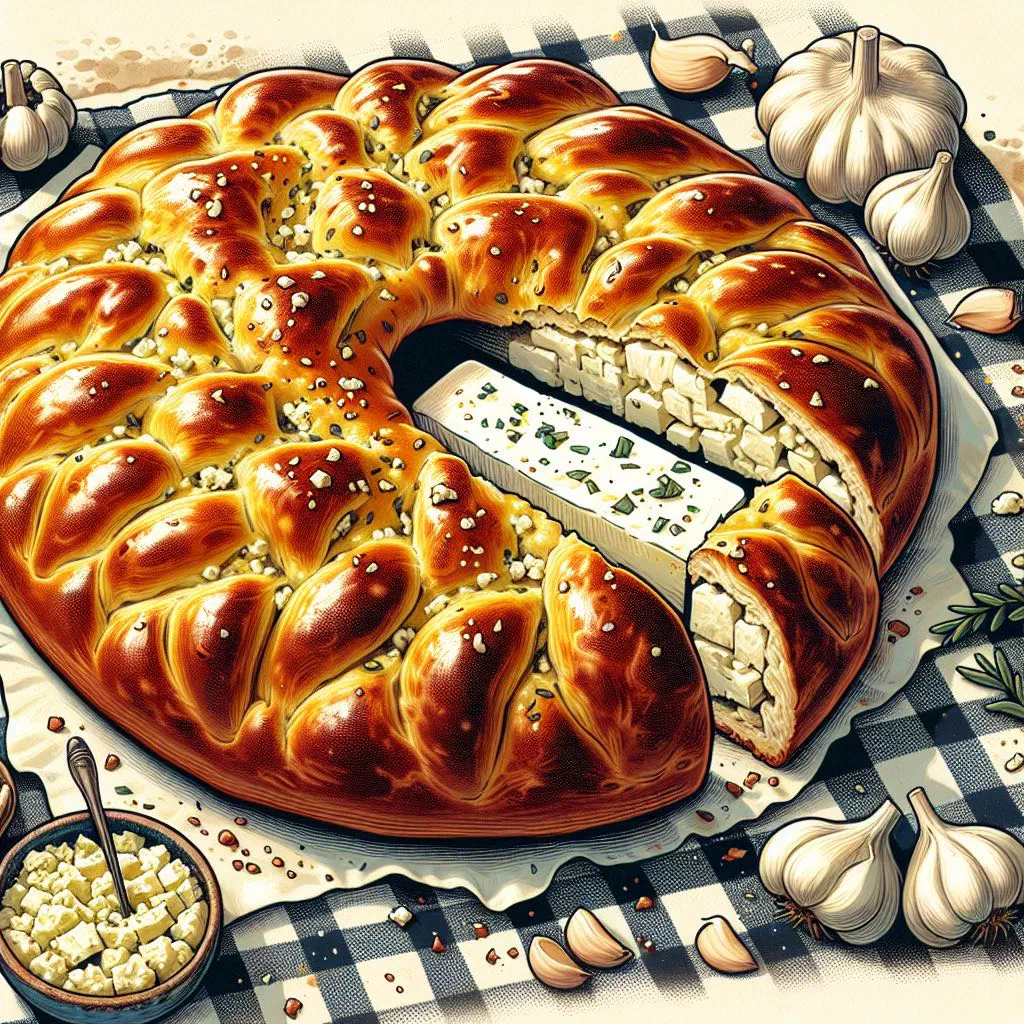 Golden loaf of Greek garlic bread brushed with olive oil and herbs