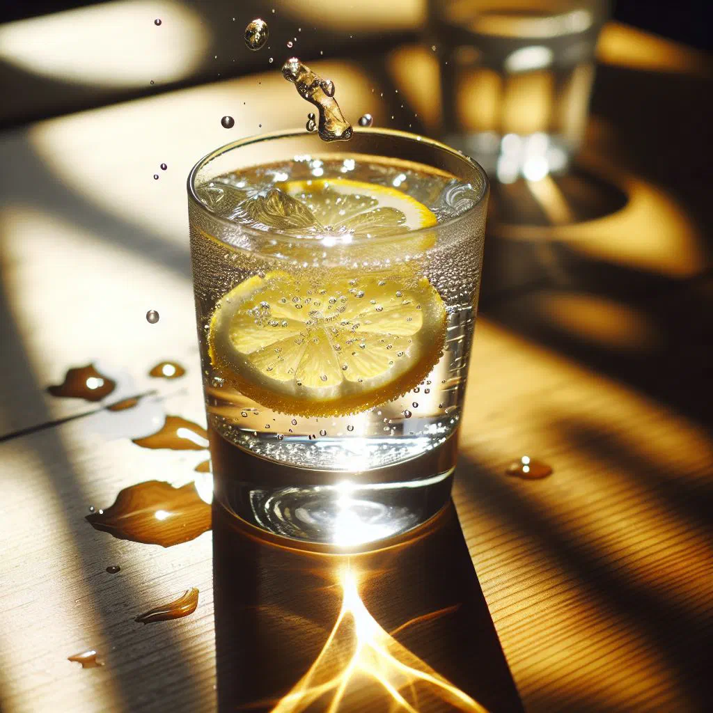 A chilled glass of Soumada almond drink garnished with a lemon slice