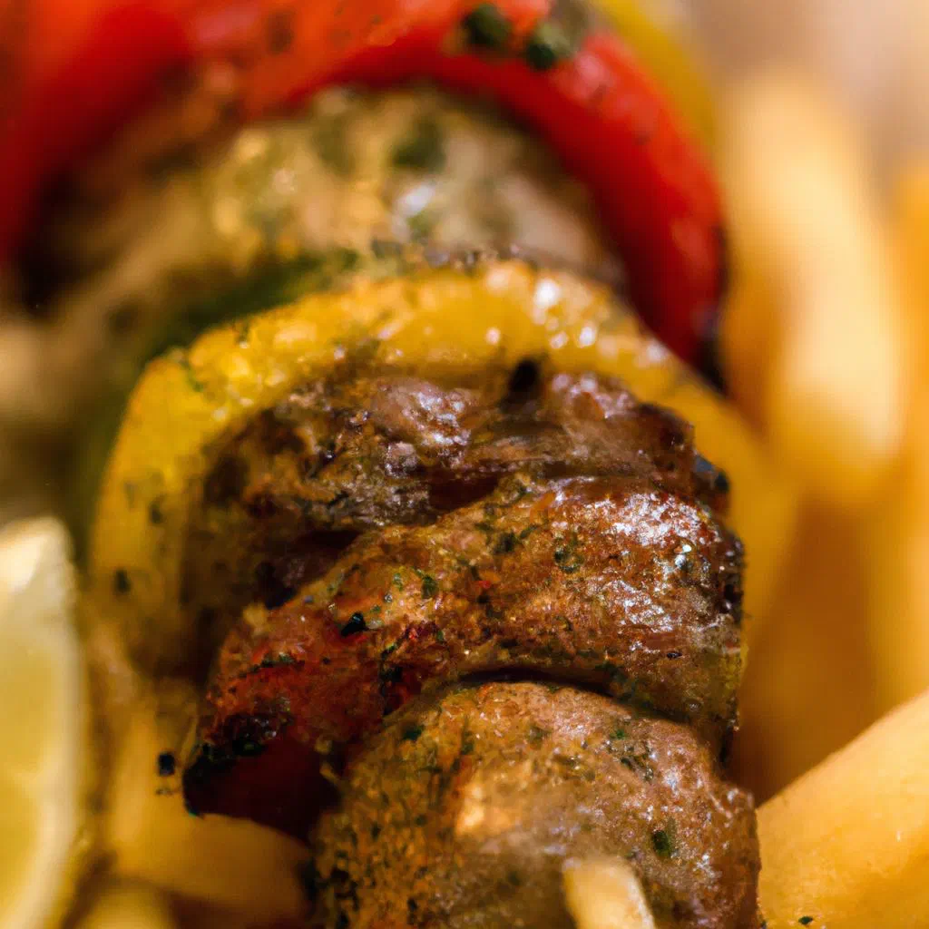 Grilled souvlaki skewers with peppers, onions and tomatoes