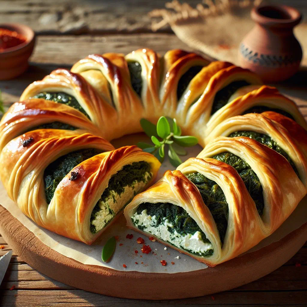 Golden pan-fried spinach kalitsounia pastries garnished with fresh herbs