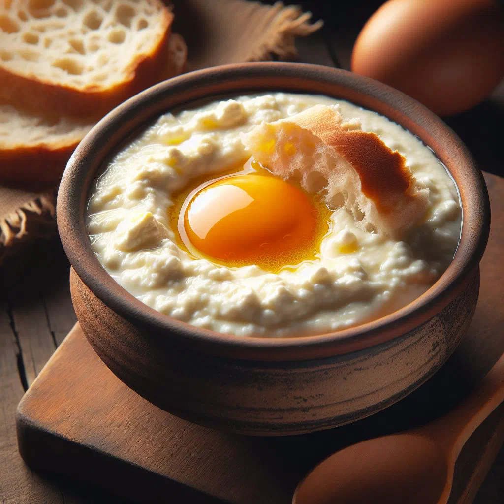 Fried eggs cooked in creamy staka, garnished with fresh herbs