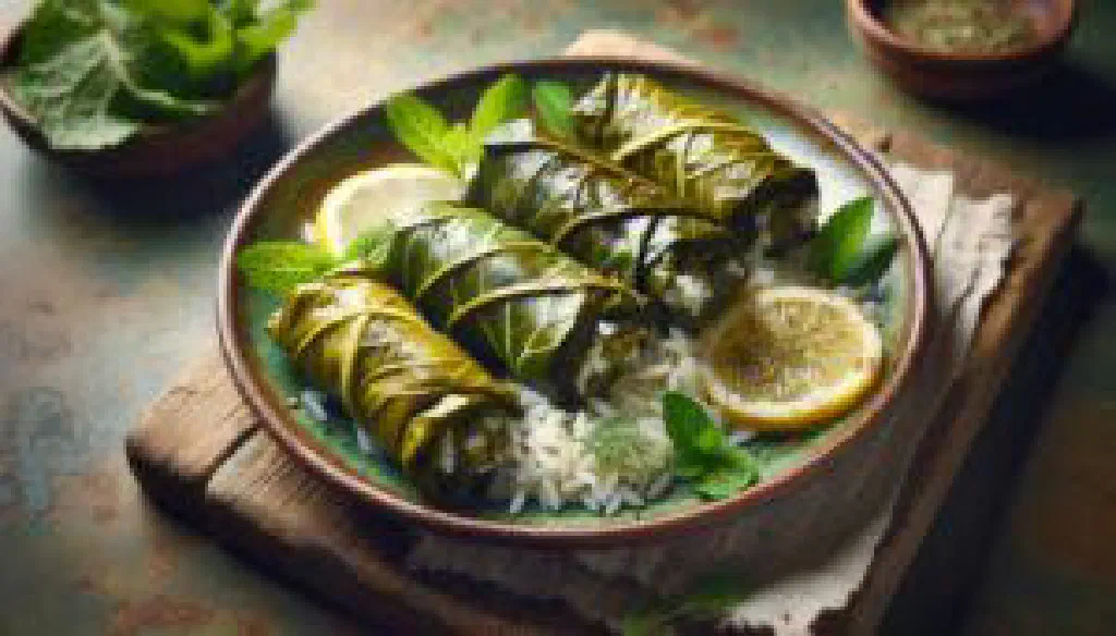 Greek stuffed vine leaves arranged on a plate with lemon
