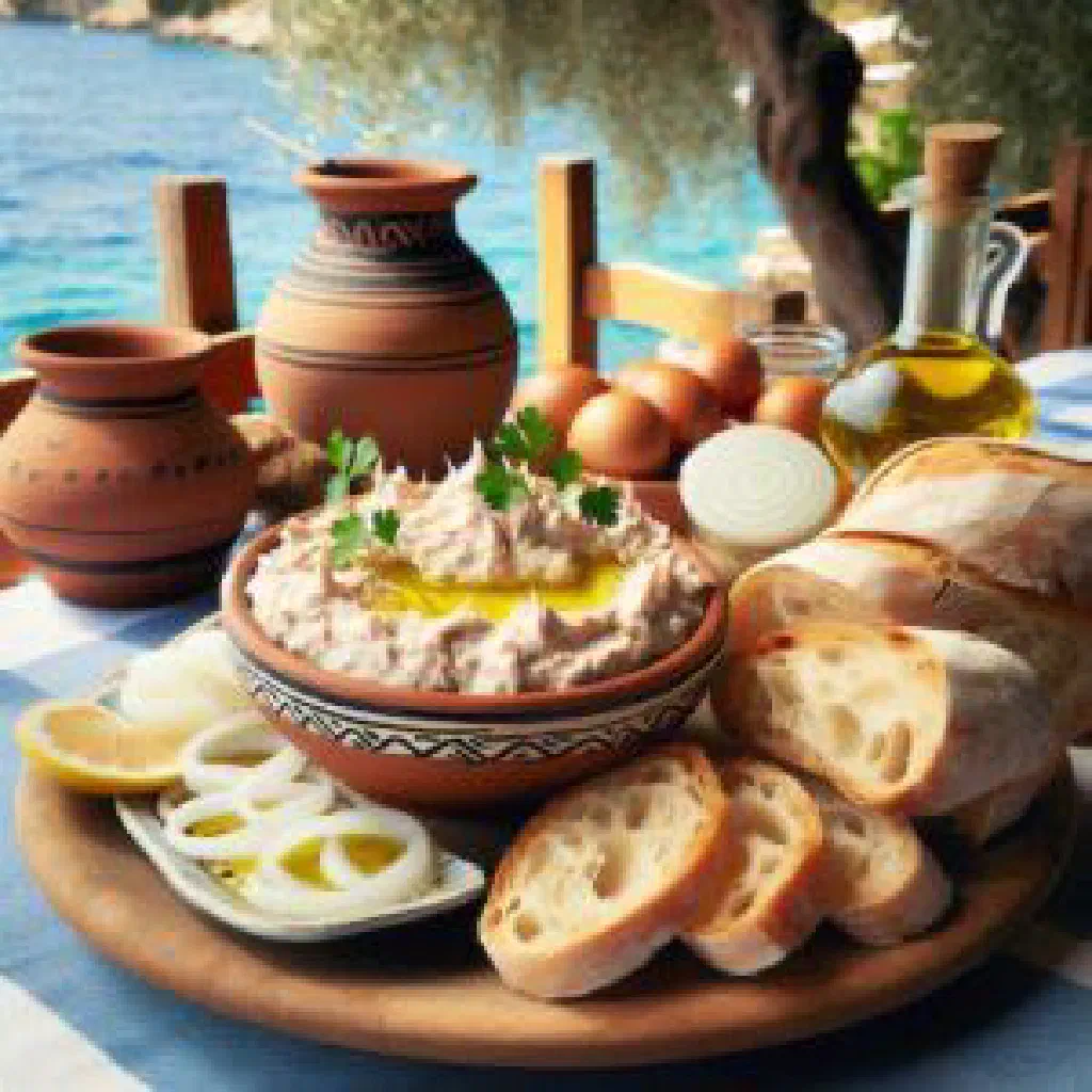 Creamy pink taramasalata dip drizzled with olive oil and a lemon slice