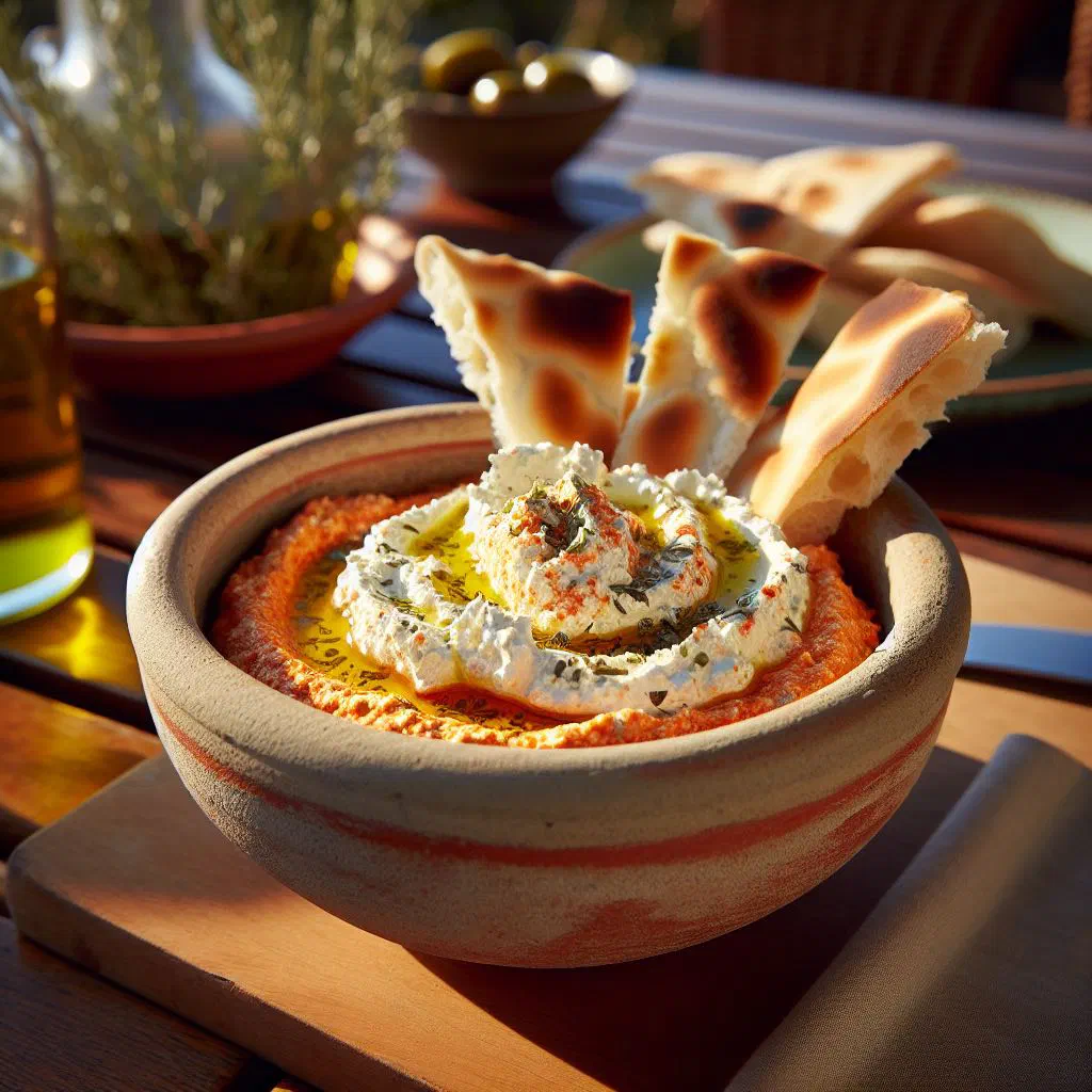 Creamy spicy Greek feta dip garnished with olive oil and herbs