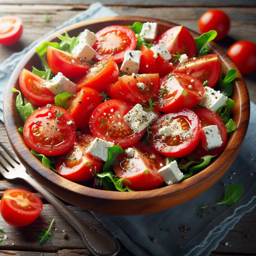 Greek tomato salad with crumbled feta, red onion and olives