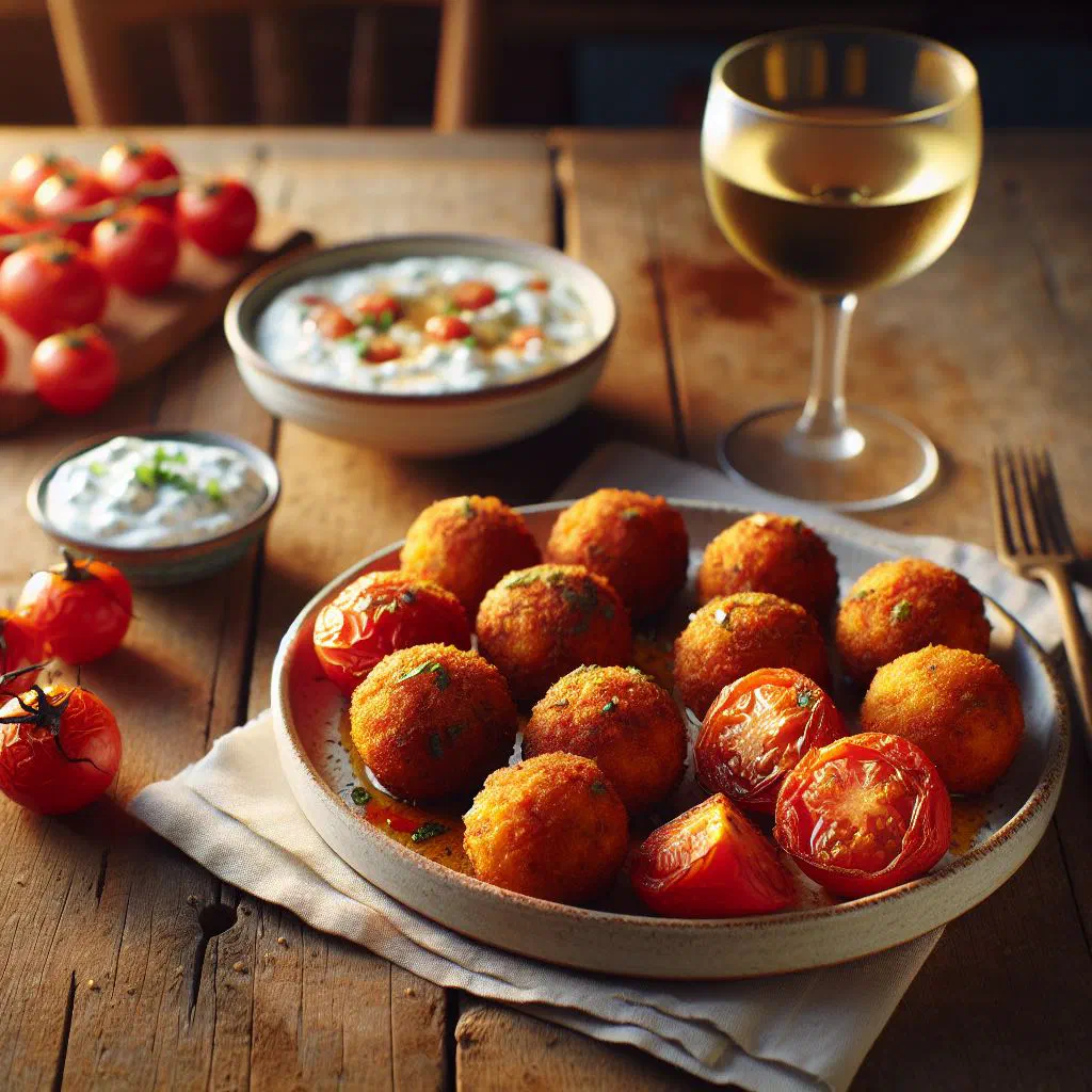 Golden Greek tomato fritters served warm with fresh herbs