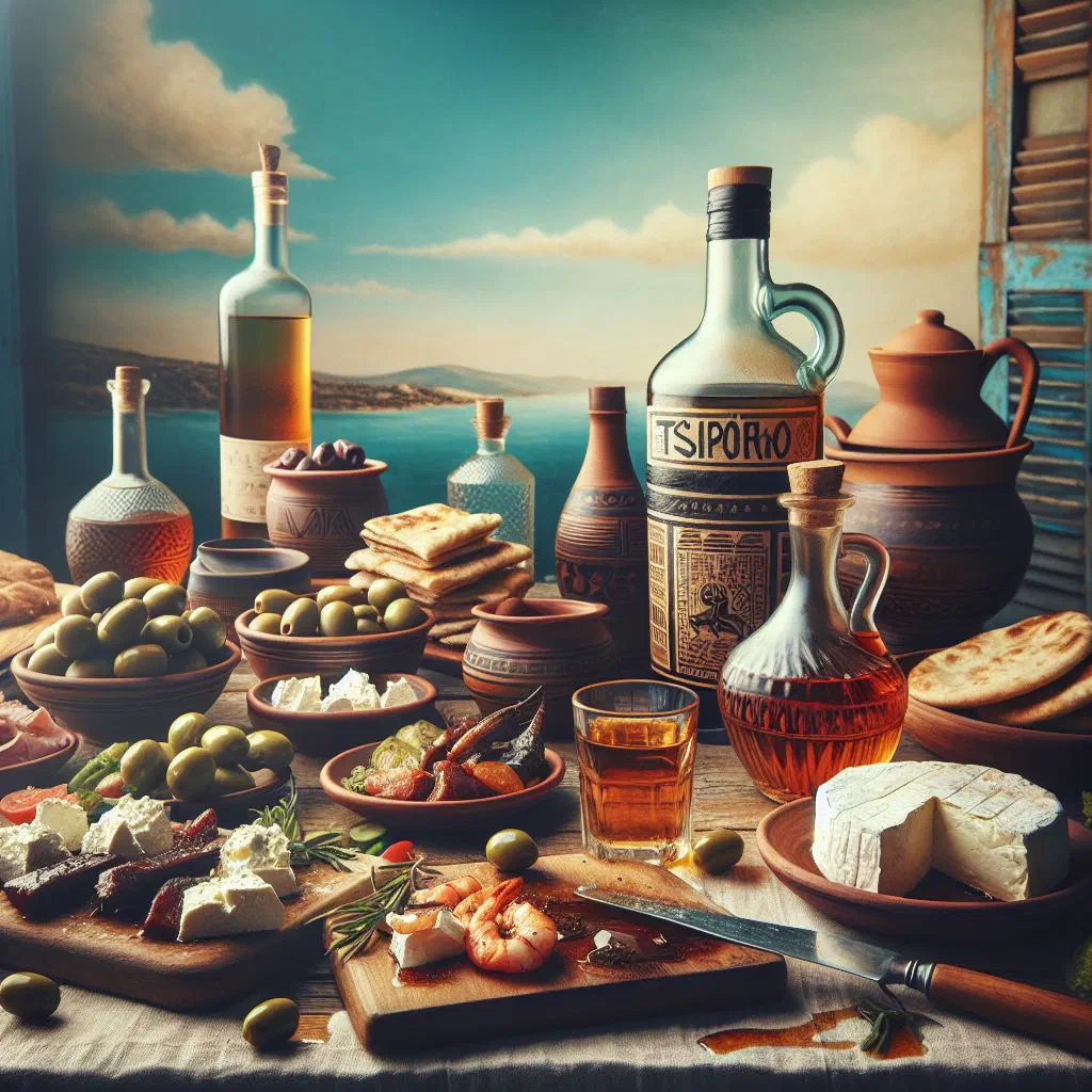 A meze platter with feta, olives, tzatziki and bread served with glasses of tsipouro