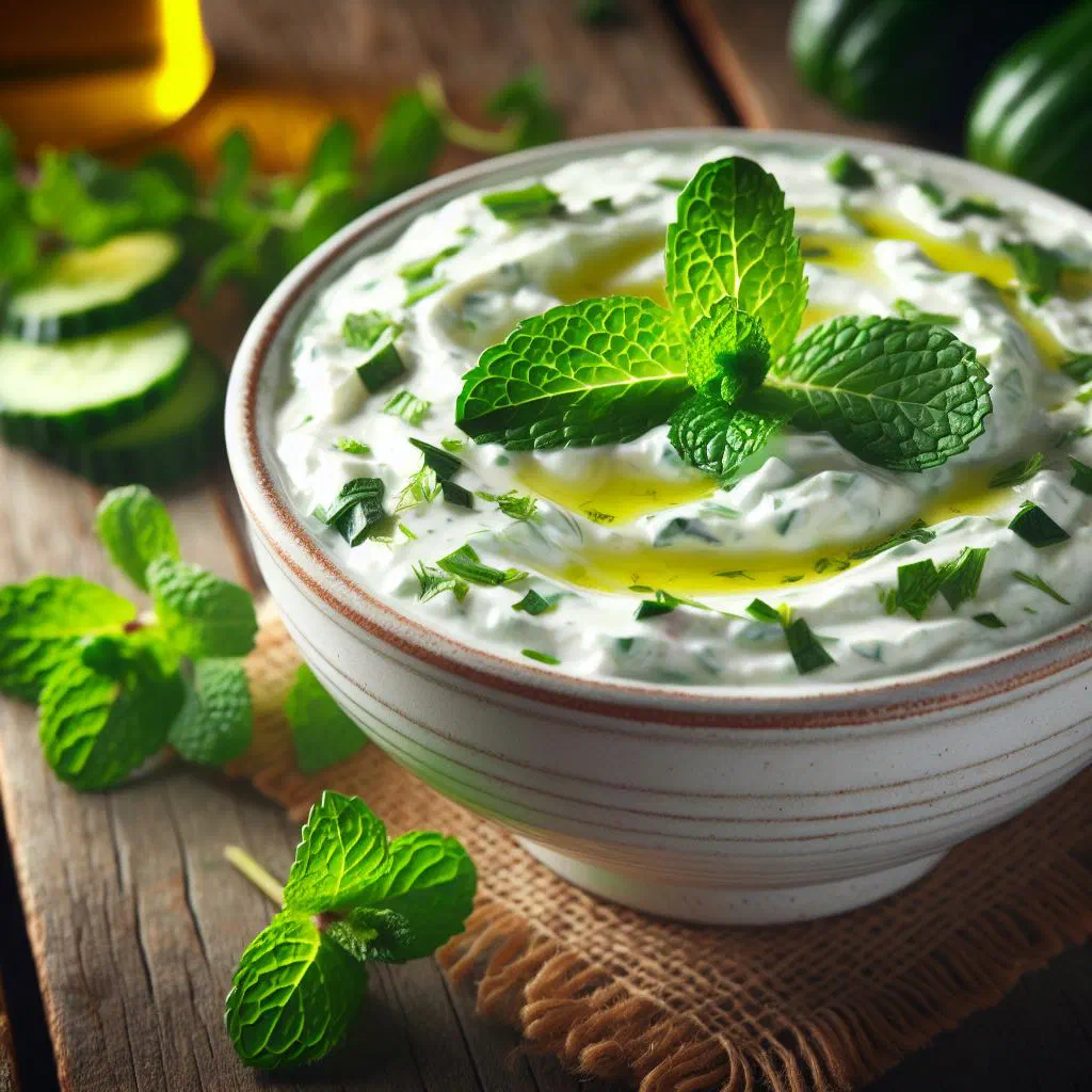 A bowl of creamy tzatziki garnished with fresh mint and a drizzle of olive oil