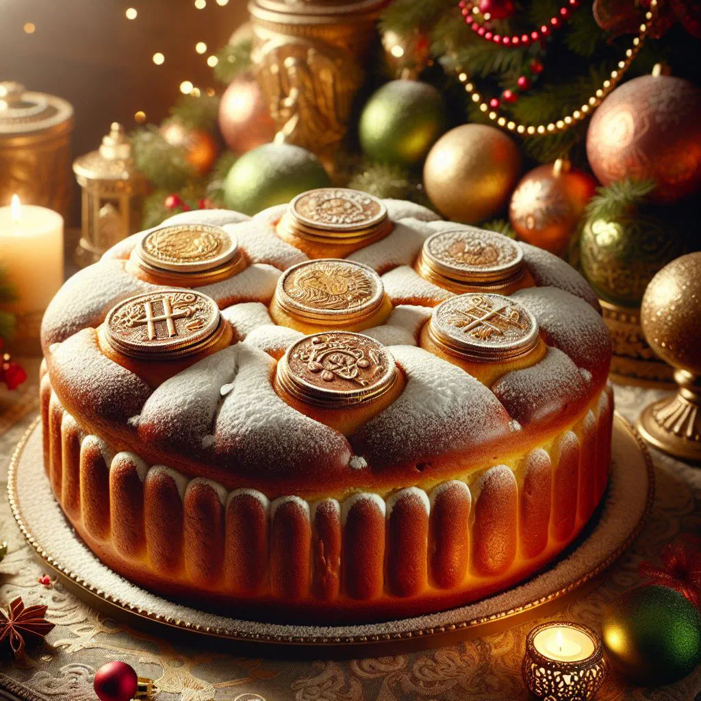 Golden Greek Vasilopita New Year cake studded with almonds