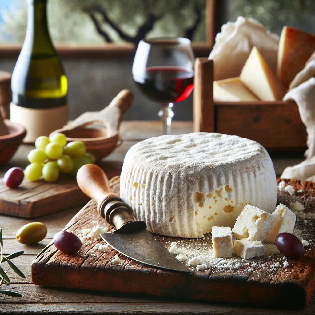 A bowl of creamy Xinomizithra cheese drizzled with olive oil and topped with fresh herbs and olives