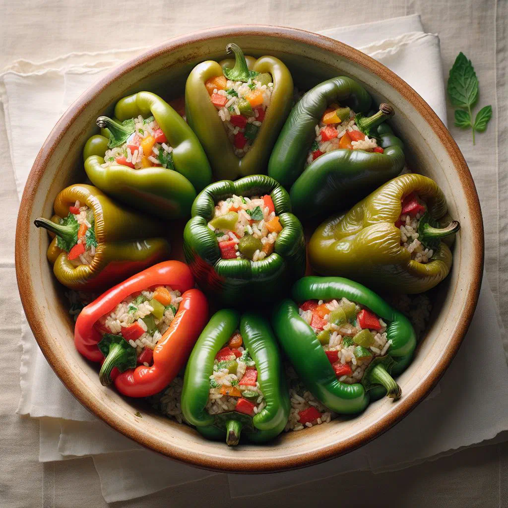Baked Greek yemista with stuffed peppers and tomatoes filled with herbed rice