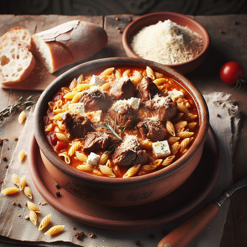 Baked yiouvetsi with tender meat, short pasta and tomato sauce topped with melted cheese