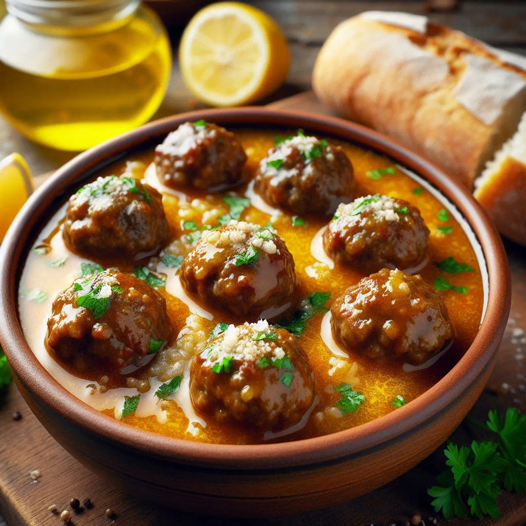 Bowl of youvarlakia meatballs in a creamy lemon sauce garnished with fresh dill