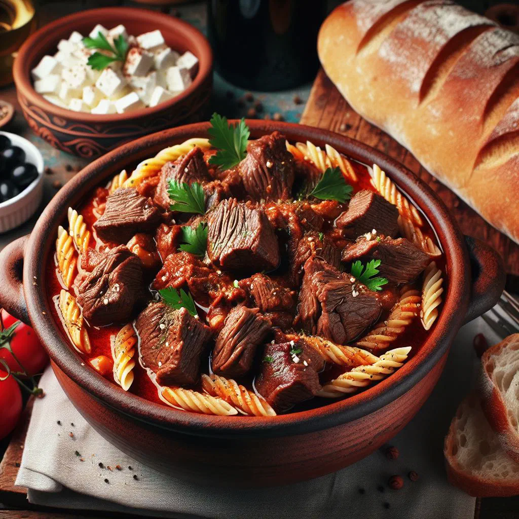 Youvetsi with tender beef and orzo in a rich tomato sauce