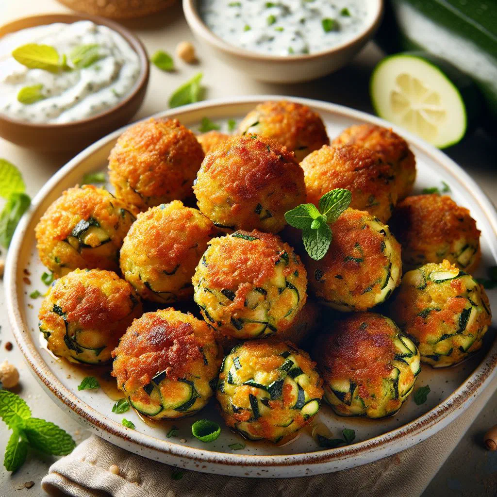 Golden, crispy Greek courgette fritters served with a yoghurt dip