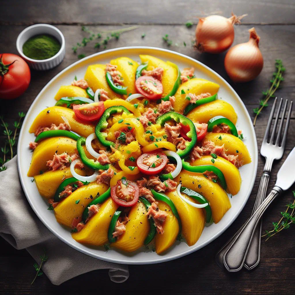 Ackee and saltfish with peppers, onions and spring onions in a pan