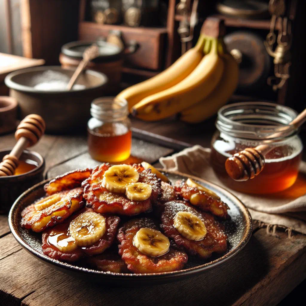 Golden banana fritters dusted with icing sugar on a plate
