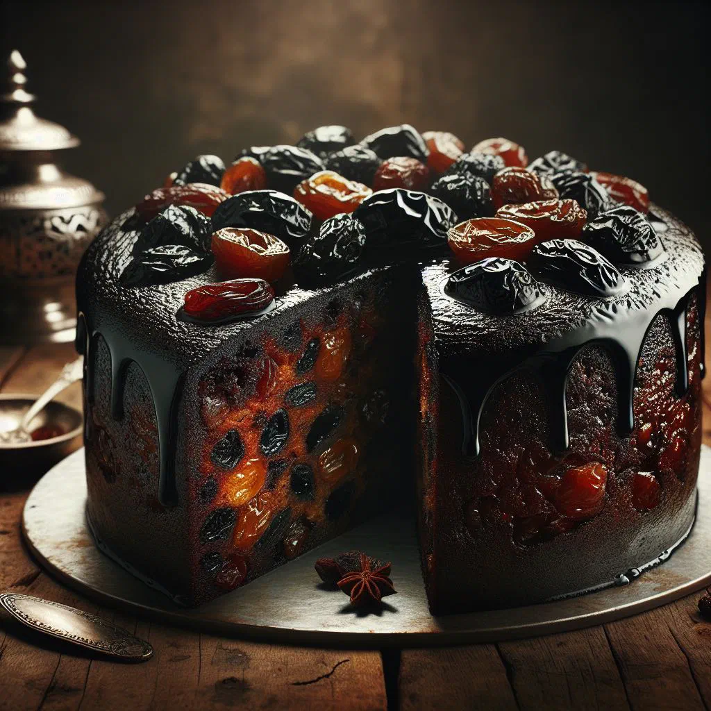 Dark, moist Caribbean black cake studded with rum-soaked dried fruit