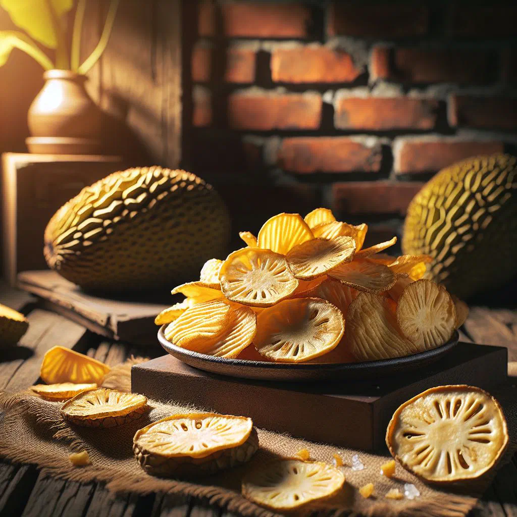 Golden baked breadfruit chips piled in a rustic bowl