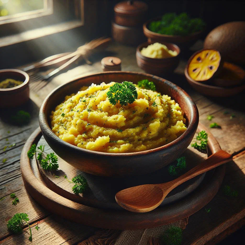 Creamy breadfruit cou cou with okra, served in a bowl and garnished with fresh herbs