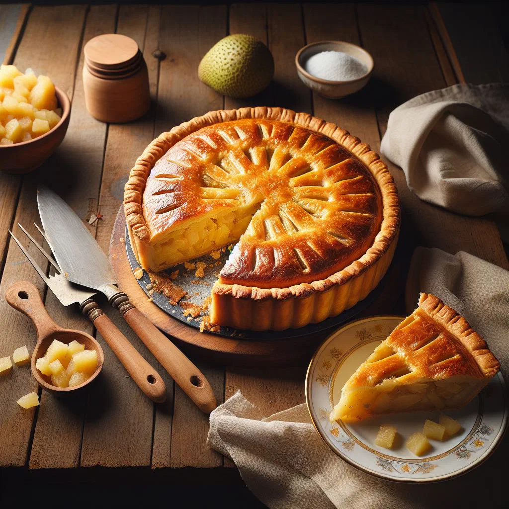 Golden baked breadfruit pie in a dish with fresh herbs