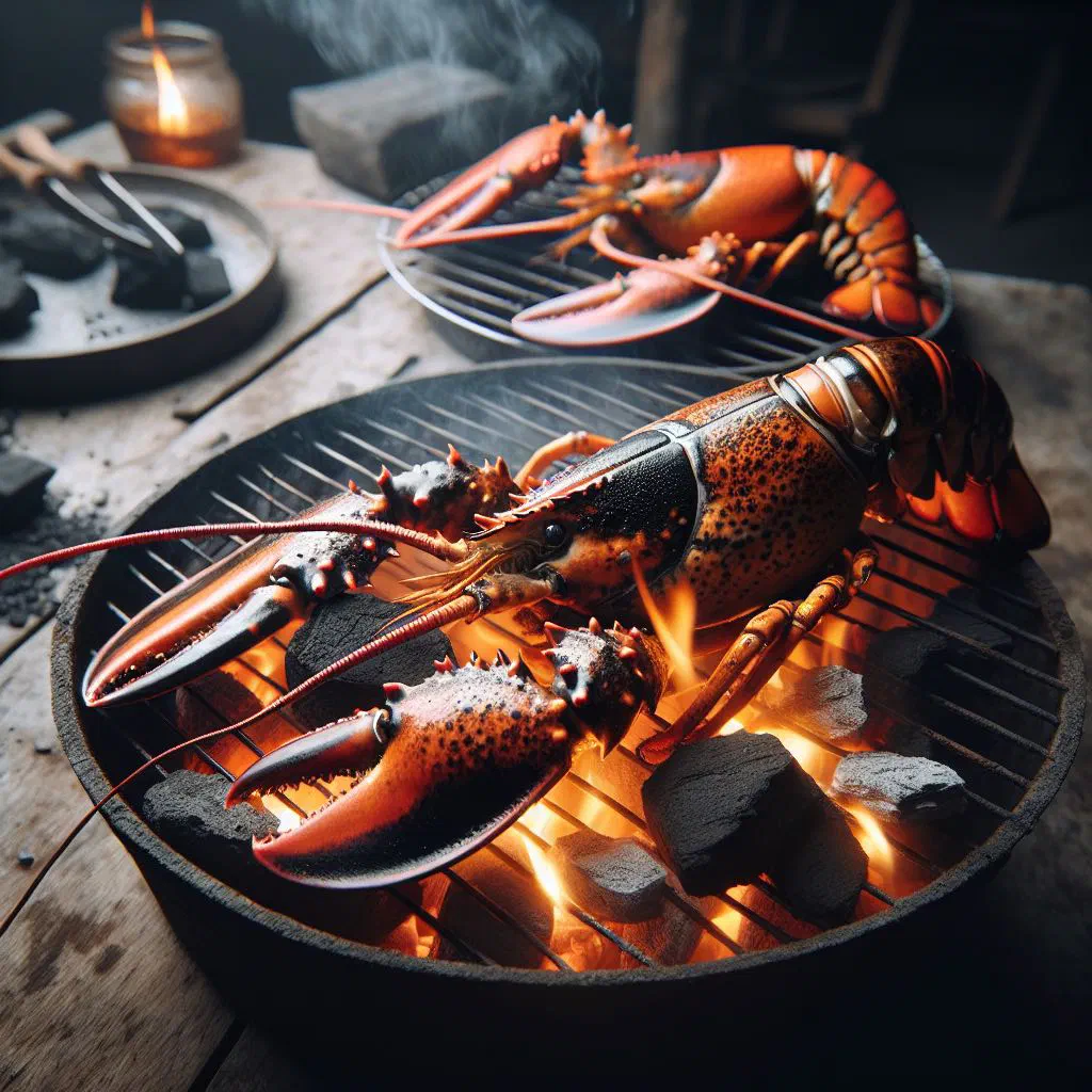 Charcoal grilled lobster tails with lime wedges and fresh herbs