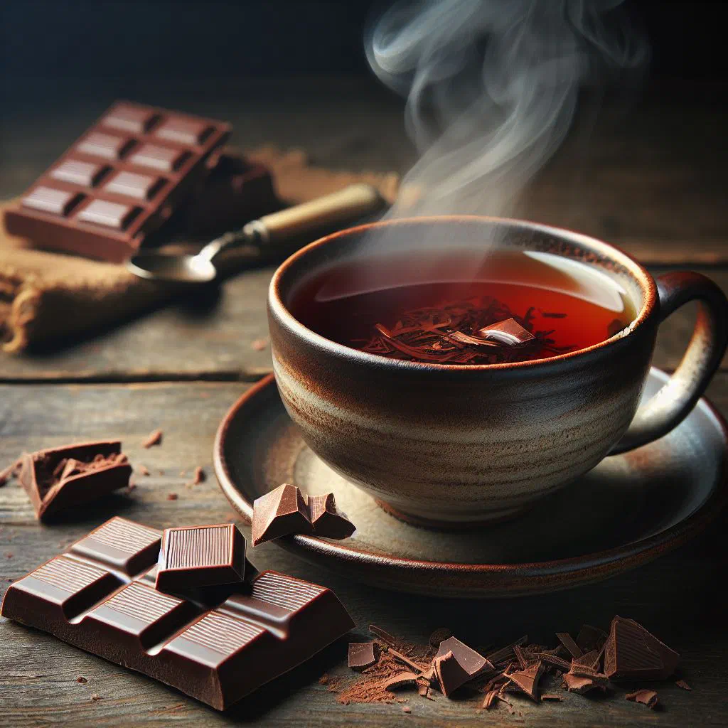 A steaming cup of Grenadian chocolate tea with a cinnamon stick