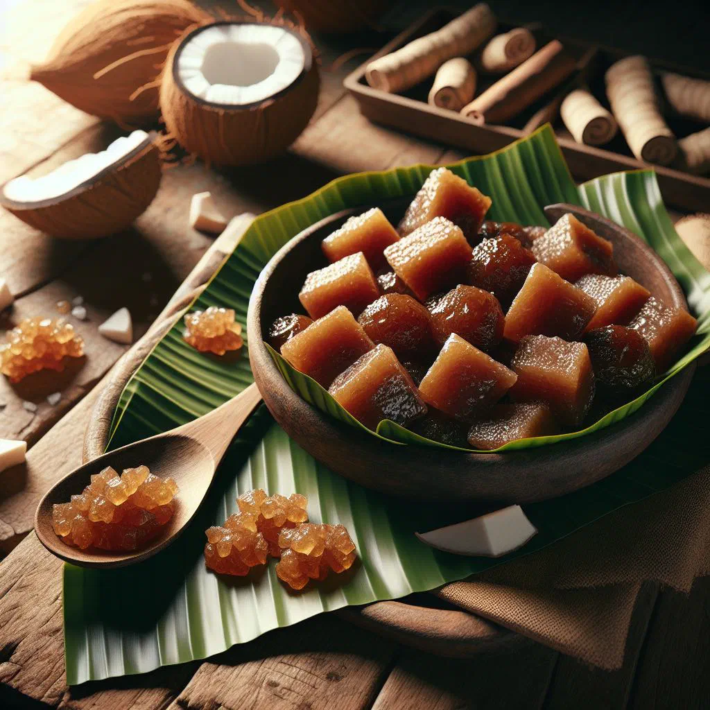 Golden baked coconut drops on a plate with grated coconut and spices