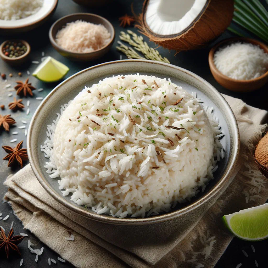 Bowl of fluffy coconut rice garnished with fresh herbs and lime