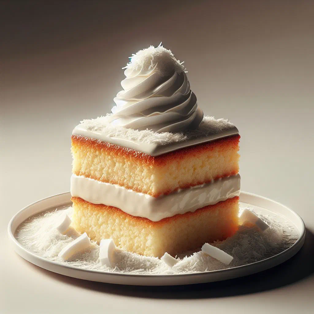 Slice of coconut tres leches cake topped with toasted coconut flakes