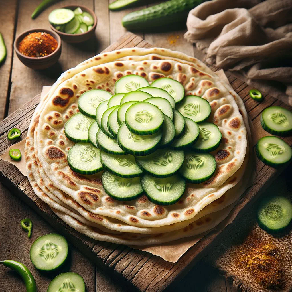 Golden cucumber roti flatbreads on a plate with fresh cucumber slices