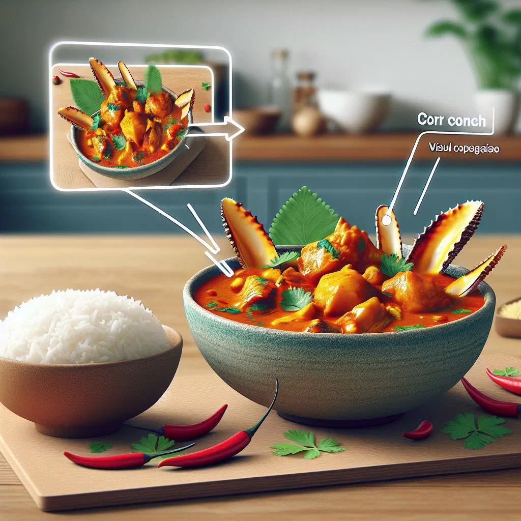 Curry conch simmered in a golden coconut curry sauce with peppers and fresh herbs