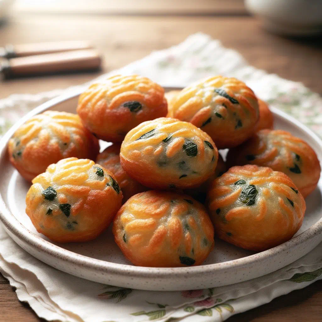Golden fried dasheen puffs on a plate with fresh herbs